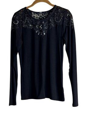 BKE Boutique Top Lace Mesh Rhinestone  Black Gold Beaded Old Money Size Small NW